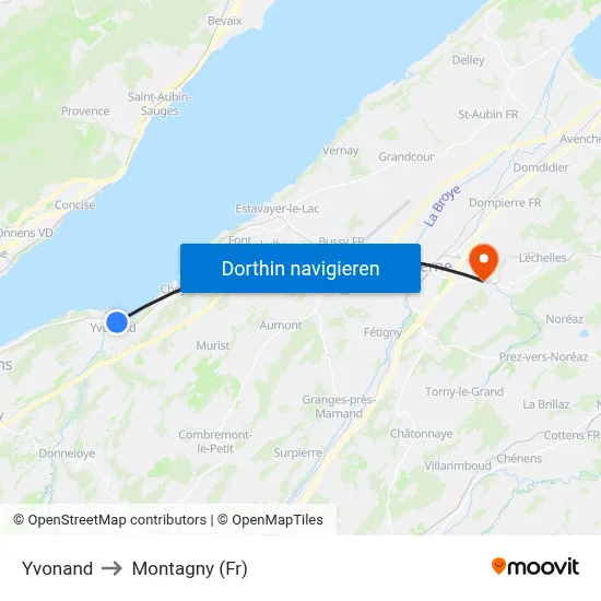 Yvonand to Montagny (Fr) map