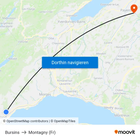 Bursins to Montagny (Fr) map