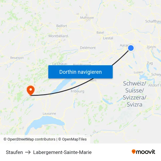 Staufen to Labergement-Sainte-Marie map