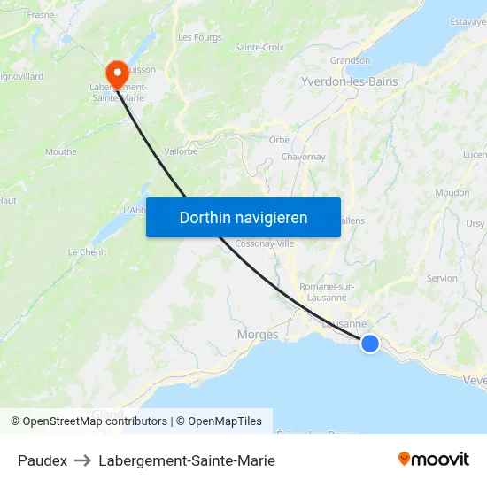 Paudex to Labergement-Sainte-Marie map