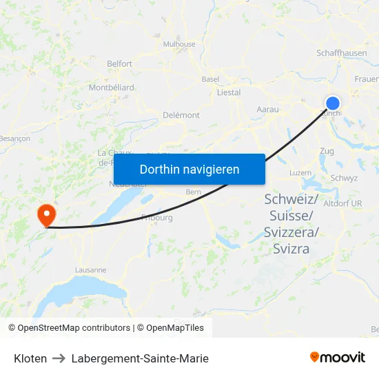 Kloten to Labergement-Sainte-Marie map