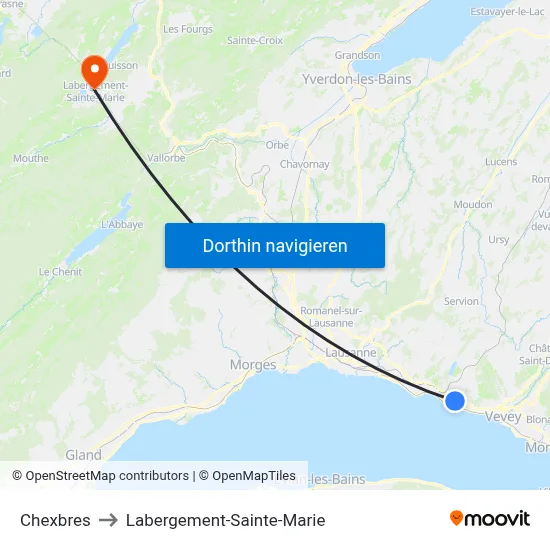 Chexbres to Labergement-Sainte-Marie map