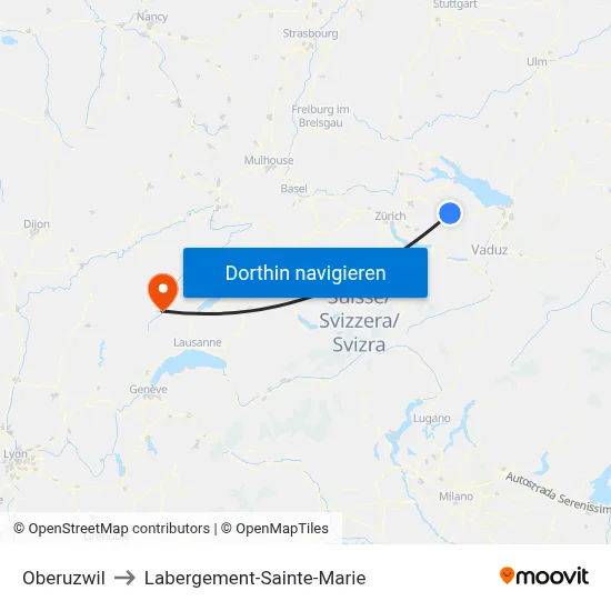 Oberuzwil to Labergement-Sainte-Marie map