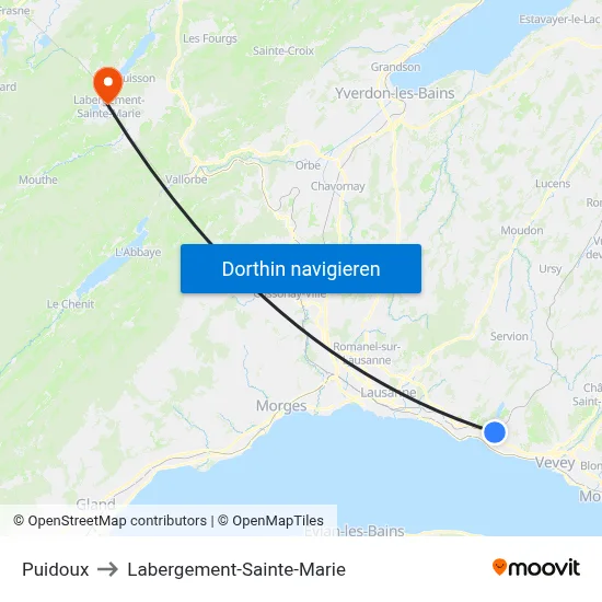 Puidoux to Labergement-Sainte-Marie map