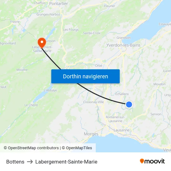 Bottens to Labergement-Sainte-Marie map