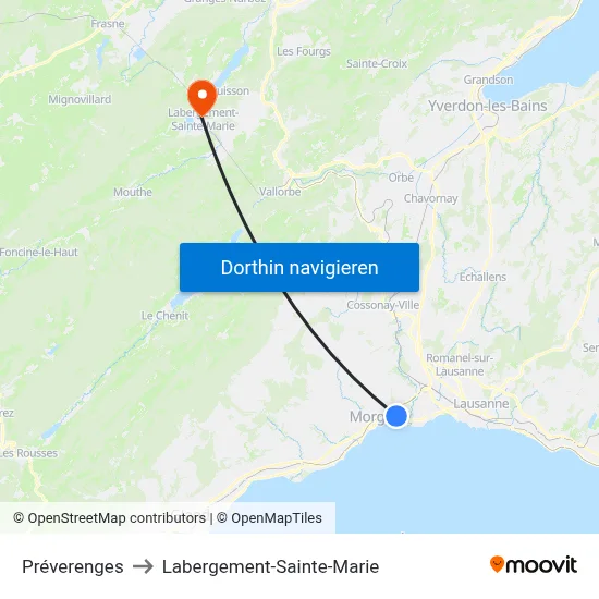 Préverenges to Labergement-Sainte-Marie map