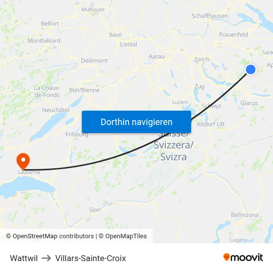 Wattwil to Villars-Sainte-Croix map