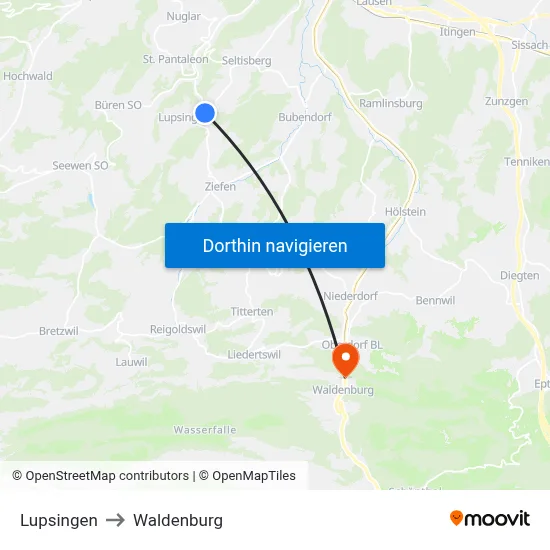 Lupsingen to Waldenburg map