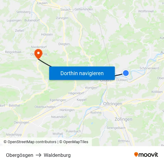 Obergösgen to Waldenburg map