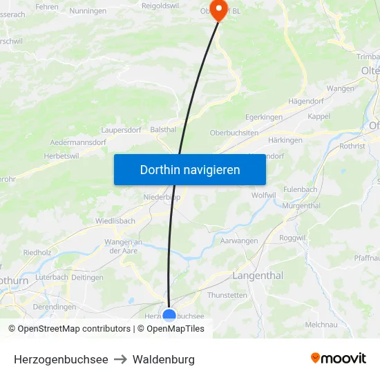 Herzogenbuchsee to Waldenburg map