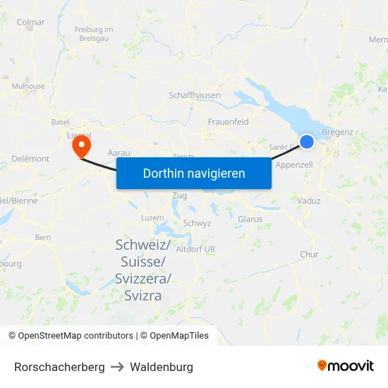 Rorschacherberg to Waldenburg map