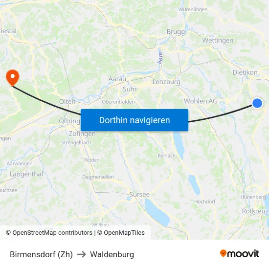 Birmensdorf (Zh) to Waldenburg map