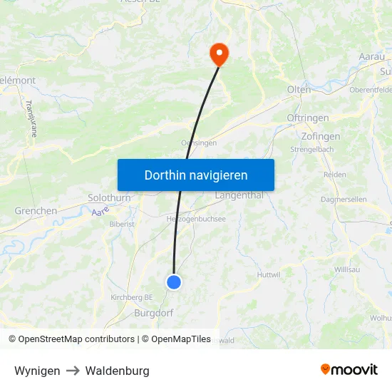 Wynigen to Waldenburg map
