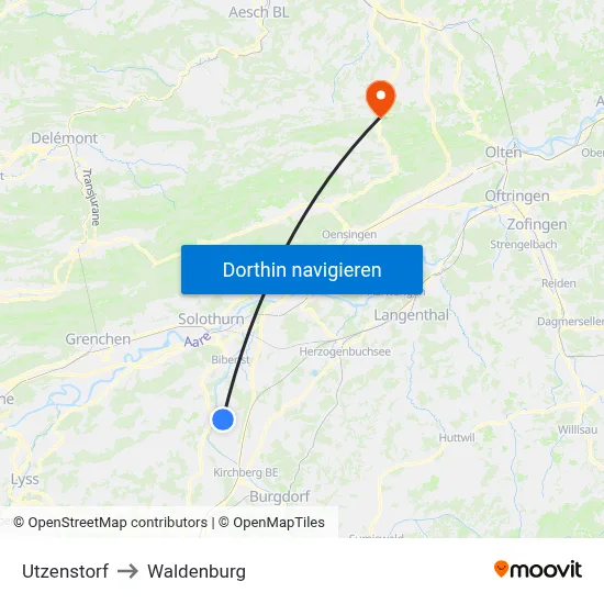 Utzenstorf to Waldenburg map