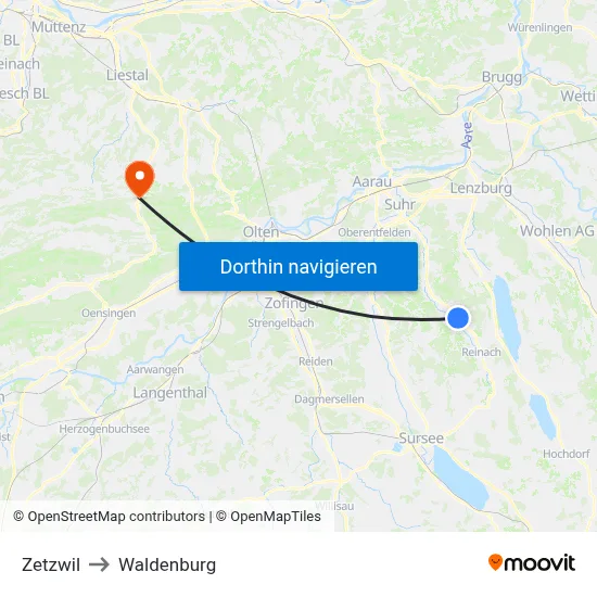 Zetzwil to Waldenburg map