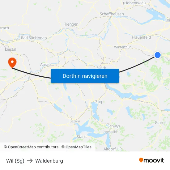 Wil (Sg) to Waldenburg map