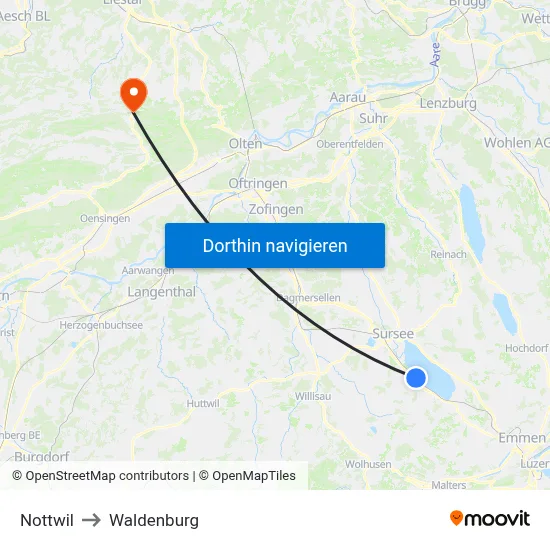 Nottwil to Waldenburg map