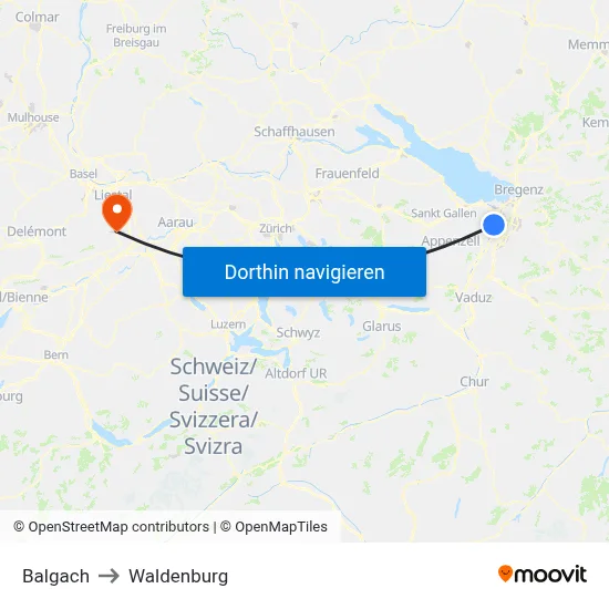 Balgach to Waldenburg map