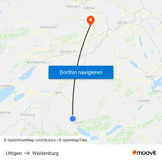 Uttigen to Waldenburg map