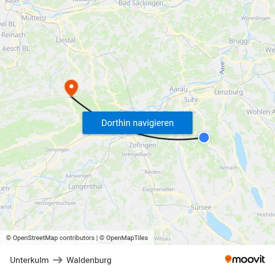 Unterkulm to Waldenburg map