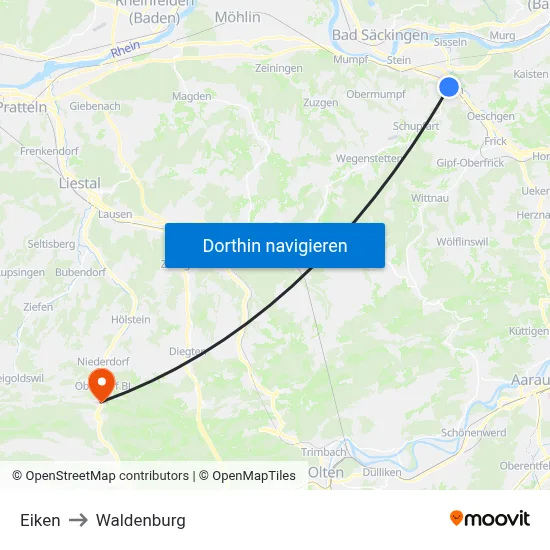 Eiken to Waldenburg map