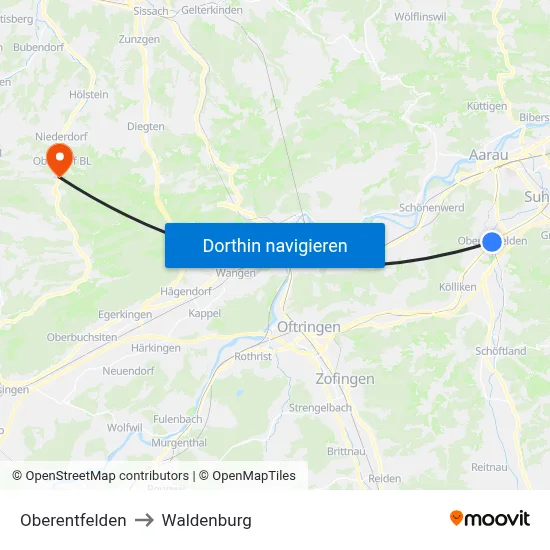 Oberentfelden to Waldenburg map