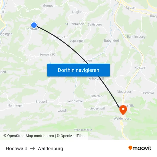 Hochwald to Waldenburg map
