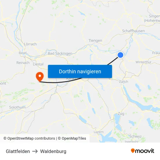 Glattfelden to Waldenburg map