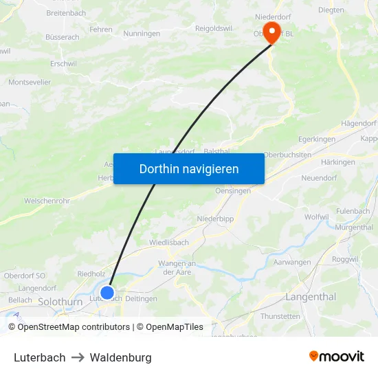 Luterbach to Waldenburg map