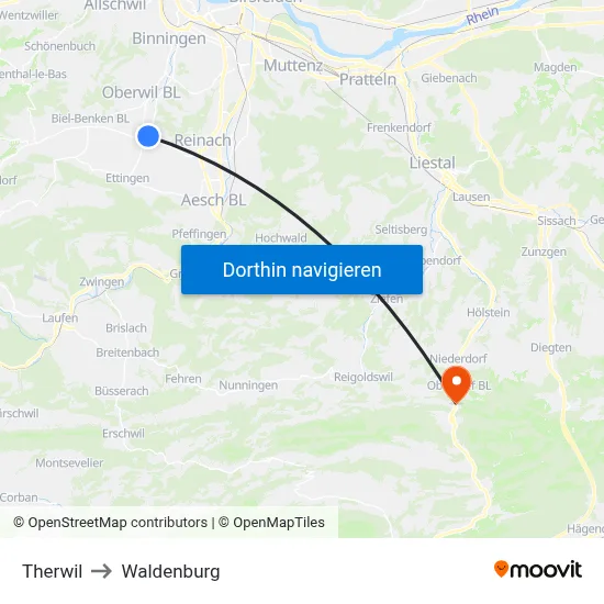 Therwil to Waldenburg map