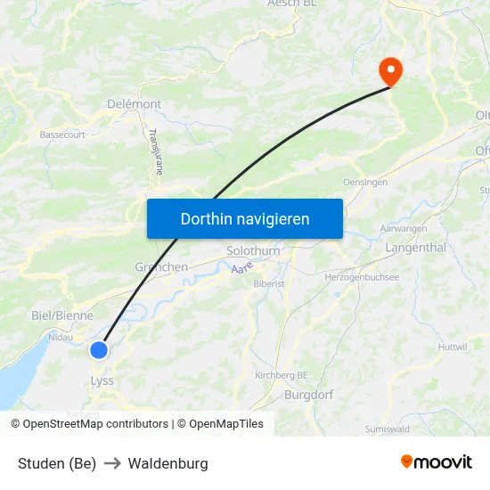 Studen (Be) to Waldenburg map