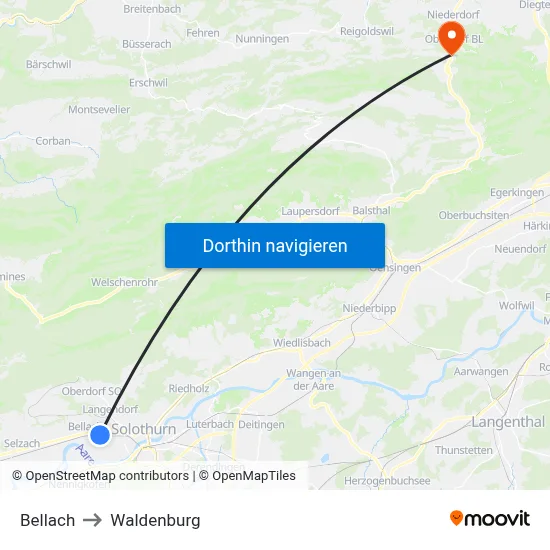 Bellach to Waldenburg map