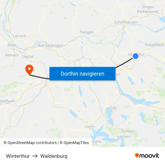 Winterthur to Waldenburg map