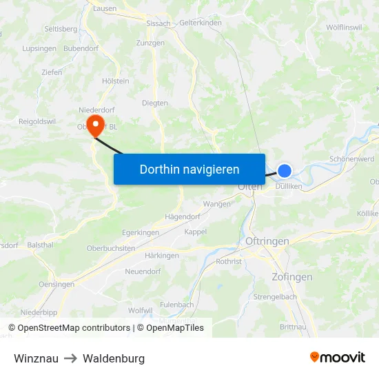 Winznau to Waldenburg map