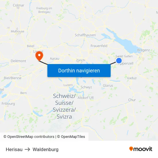 Herisau to Waldenburg map