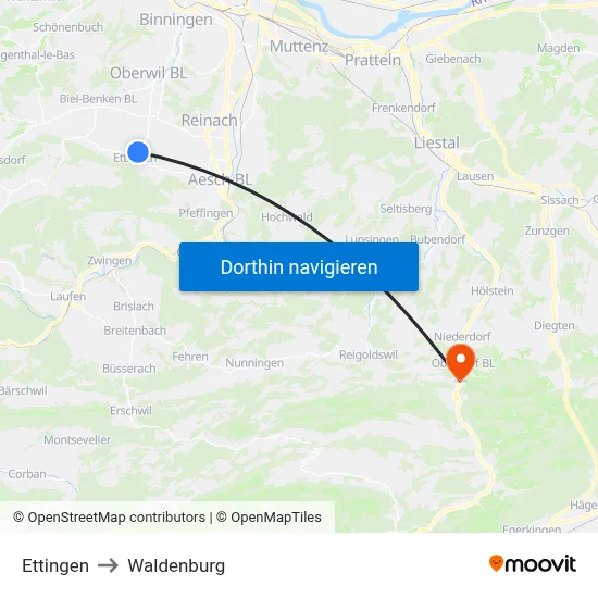 Ettingen to Waldenburg map