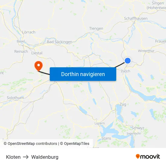 Kloten to Waldenburg map