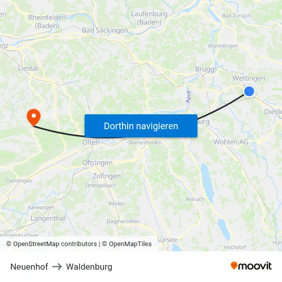 Neuenhof to Waldenburg map