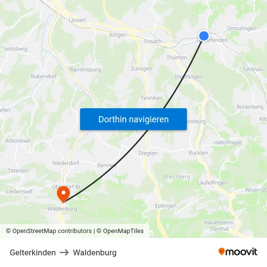 Gelterkinden to Waldenburg map