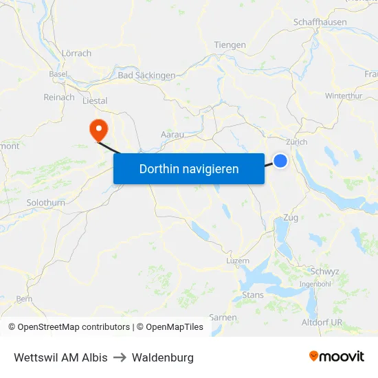 Wettswil AM Albis to Waldenburg map