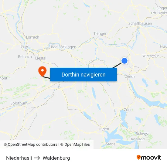 Niederhasli to Waldenburg map