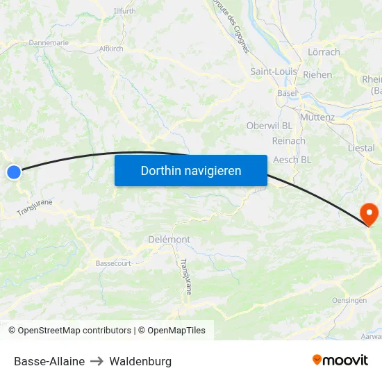 Basse-Allaine to Waldenburg map