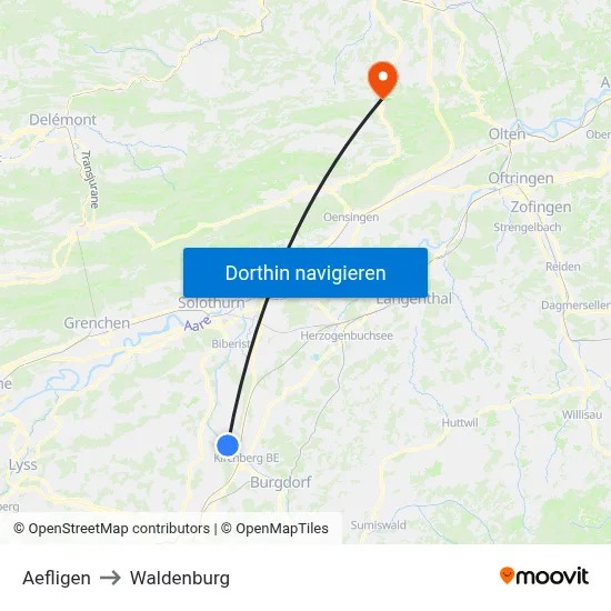 Aefligen to Waldenburg map