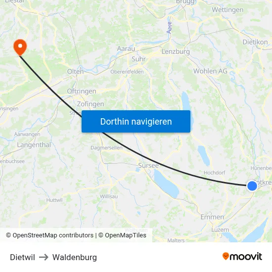 Dietwil to Waldenburg map