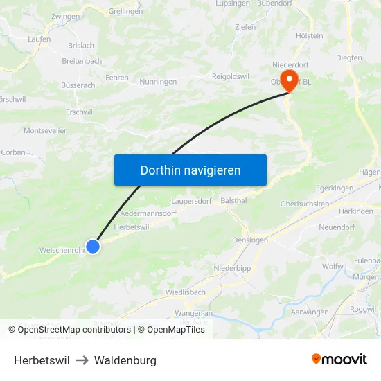 Herbetswil to Waldenburg map