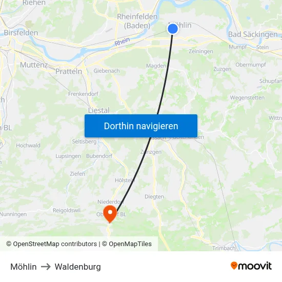Möhlin to Waldenburg map