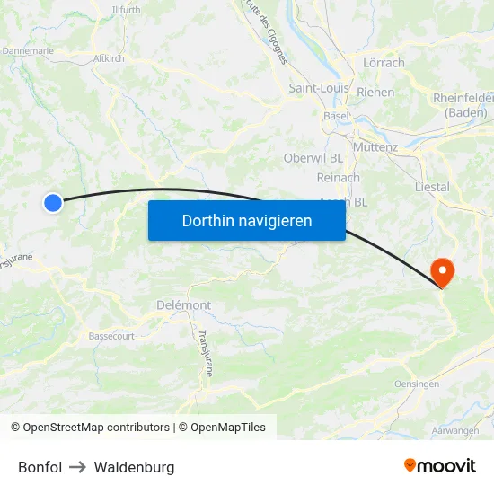 Bonfol to Waldenburg map