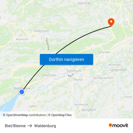 Biel/Bienne to Waldenburg map