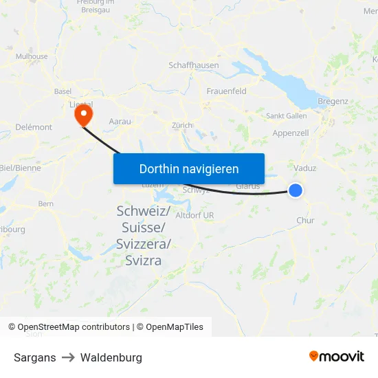 Sargans to Waldenburg map