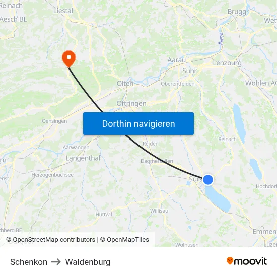 Schenkon to Waldenburg map